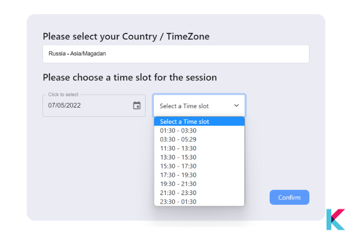 Select your country / TimeZone, Select the date you wish to have a session